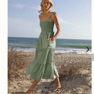 Xirena Dress Lorraine Maxi Smocked Tiered Strap Tie in Sand Olive Green